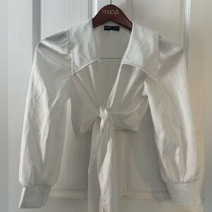 🌻 White Tie-Front Puff Sleeve Cropped Blouse 🌻
